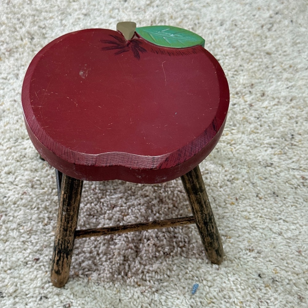 Vintage Rustic Red Apple Wooden Stool Hand Painted Primitive Plant Stand 8 inch